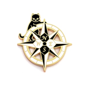 Black Cat on Compass Rose Pin - Travel Charm Pin - Hard Enamel Pin