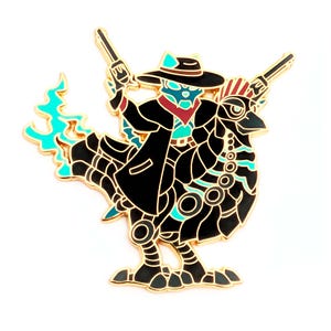 May include: A gold-colored pin featuring a stylized cowboy figure riding a mechanical chicken and holding two pistols. The cowboy wears a black hat and coat, with teal and red accents. The chicken is black with gold details and teal flames.