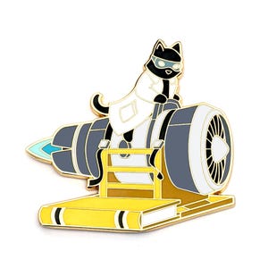 May include: A black cat wearing a white lab coat and goggles is riding a gold and grey rocket engine. The rocket engine is attached to a yellow book with black stripes.
