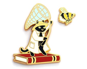 Entomology Cat Hard Enamel Pin Set - Scientist Cat Pin - Bee Enamel Pin Cat