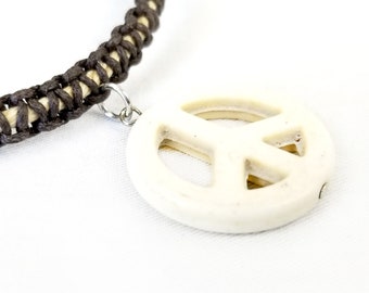 Cream peace sign necklace on brown macrame cord, hippie jewelry for women, for men, gifts for her