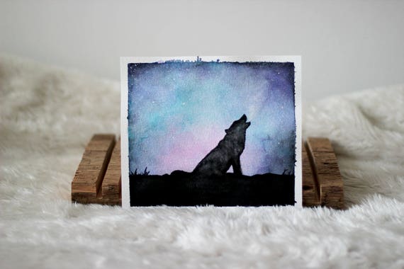 Original Watercolour Howling Wolf Silhouette Galaxy Etsy