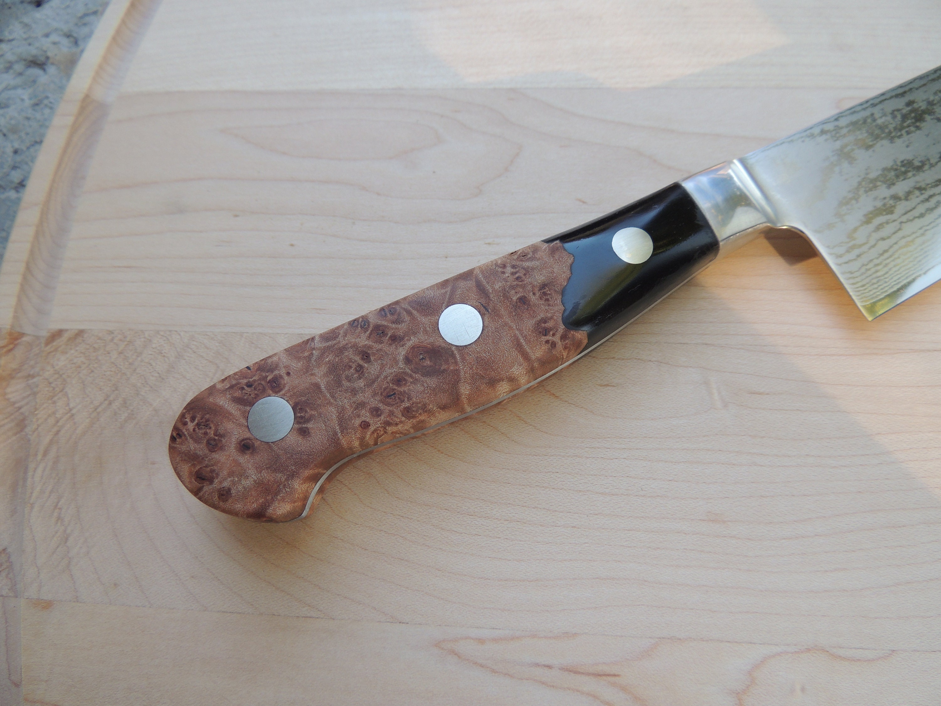 Zhen 9 1/2" Japanese Steel Bread Knife With Exotic Wood Handle Honduran Rosewood Burl, Maple