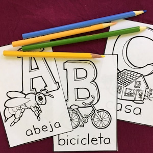 Alfabeto Español de la fiesta de bienvenida al bebé Alfombrillas ABC Español Baby Shower Coloring 4x6in Niños Hispanos Decoración de guardería Regalo