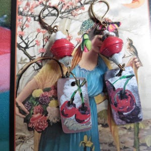 Designer polymer earrings, gourmet Cherries, Cherry blossoms, red, bronze, light to wear.
