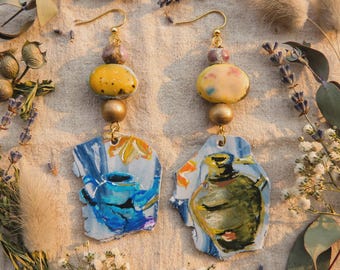 Bucolic earrings, miniature artist's painting. Bright blue and green colors. Ceramic beads.