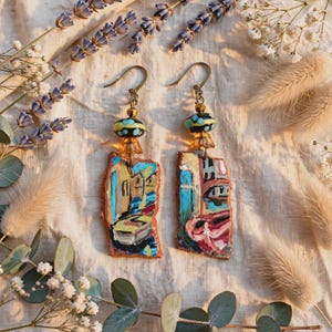Boucles d'oreilles mini tableau "Promenade en barque". Bucoliques, peint à la main.
