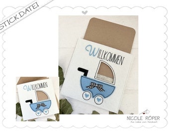 Embroidery file ITH stroller welcome for the frame 18 x 13 cm for gift boxes, cards, vouchers, greeting cards...