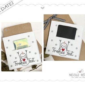 Borduurbestand ITH 10x10 set van 2 Happy Holidays met hart en sneeuwpop voor geschenkdozen, kaarten, vouchers, geldgeschenken... wensvervullers