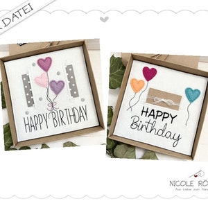 Embroidery file ITH Happy Birthday set of 2 with heart balloons for the frame 18x13 for gift boxes, cards, vouchers, money gifts...