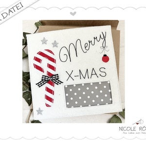 File da ricamo ITH Merry X-Mas Christmas card con bastoncino di zucchero per cornice 18x13 per scatole regalo, cartoline, buoni, regali di Natale...