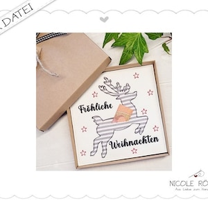 Stickdatei ITH Fröhliche Weihnachten mit Rentier 18x13 für Geschenkboxen, Karten, Glückwünsche ....