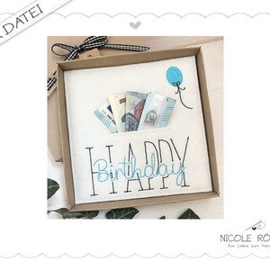 Borduurbestand ITH 18x13 HAPPY Birthday voor geschenkdozen, kaarten, vouchers, felicitaties....