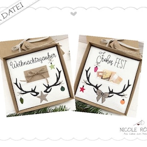 Stickdatei ITH 2er-Set Weihnachten mit Geweih 18x13cm für Geschenkboxen, Karten, Gutschein, Weihnachten....