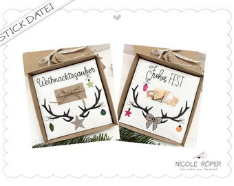 Embroidery file ITH set of 2 Christmas antlers 18 x 13 cm for gift boxes, cards, vouchers, Christmas....