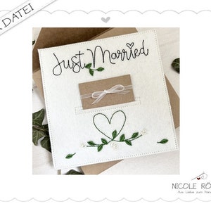 Archivo de bordado ITH 18x13 Recién casados - corazón con rosas para cajas de regalo, tarjetas de felicitación... tarjeta de boda