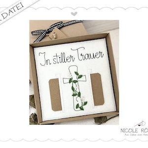 Archivo de bordado ITH 18x13 De luto silencioso con cruz decorada con rosas y hojas para cajas de regalo, tarjetas, vales, regalos en efectivo...