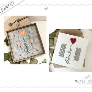 Archivo de bordado ITH Gracias de corazón en set de 2 para marco 18x13 para cajas de regalo, tarjetas, vales, regalos en efectivo... Palabras bonitas