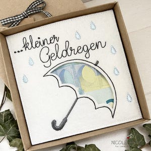 Borduurbestand ITH 18x13 kleine geldregen met paraplu geschenkdozen, kaarten, vouchers, geldgeschenken... voor vele gelegenheden