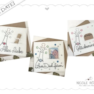 Archivo de bordado ITH 10x10 - Conjunto de 3 Felicitaciones de feliz cumpleaños Celebremos por cajas de regalo, regalos de dinero, vales, felicitaciones.... corchos