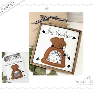 File da ricamo ITH 18x13 hohoho Sacchetti di Babbo Natale per scatole regalo, cartoline, buoni, regali in denaro... Natale, Babbo Natale