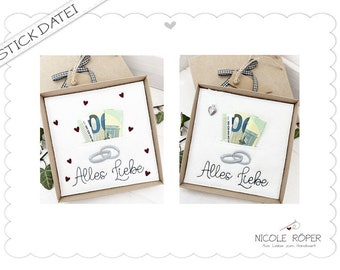Embroidery file ITH 2-piece set Wedding All the best with rings 18 x 13 cm for gift boxes, congratulations, wedding cards, money gifts....