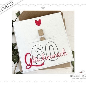Archivo de bordado ITH 60 cumpleaños con corazón para el marco 18x13 para cajas de regalo, tarjetas, vales, regalos en efectivo... Felicitaciones