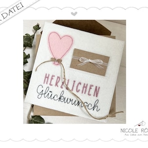 Borduurbestand ITH Gefeliciteerd met hartballon 18 x 13 cm voor geschenkdozen, kaarten, waardebonnen, felicitaties...