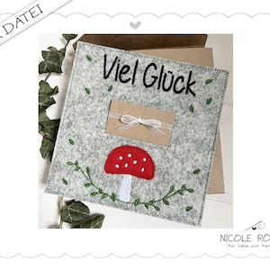 Borduurbestand ITH - 18x13 Veel geluk met de paddenstoel voor geschenkdoos, kaarten, voucher, felicitaties...