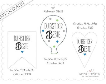 Stickdatei ITH 3er Set 18x13 Herz Wimpel Ballon Du bist der Beste als Mitbringsel, zum Vatertag, Valentinstag & einfach mal so...