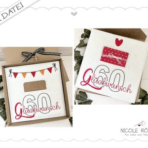 Stickdatei ITH 18x13 - 2er Set zum 60. Geburtstag für Geschenkboxen, Karten, Gutschein, Geldgeschenk...