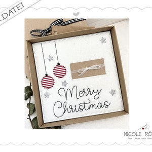 Stickdatei ITH Merry Christmas mit Kugeln und Sternen 18x13cm für Geschenkboxen, Karten, Gutschein, Geldgeschenk...