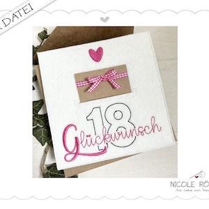 Borduurbestand ITH voor de 18e verjaardag met een hart voor het frame 18x13 voor geschenkdozen, kaarten, vouchers, geldgeschenken... gefeliciteerd