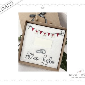 Arquivo de bordado ITH 18 x 13 cm Tudo de bom com anéis e bandeirolas 18 x 13 cm para caixas de presente, parabéns, cartão de casamento, presente em dinheiro...