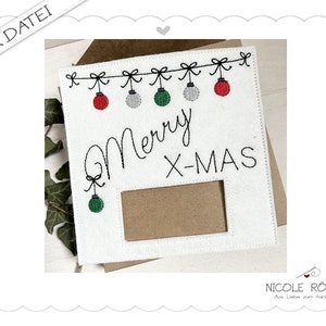 File da ricamo ITH Merry X-Mas Christmas card per telaio 18x13 per scatole regalo, cartoline, buoni, Natale...