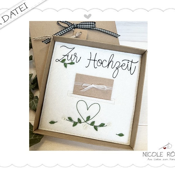 Stickdatei ITH 18x13 Zur Hochzeit - Herz mit Rosen für Geschenkboxen, Glückwunschkarten... Glückwünsche