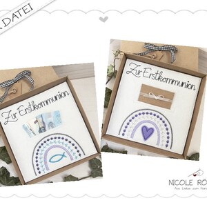 Stickdatei ITH 2er Set 18x13 Zur Erstkommunion mit Regenbogen Fisch und Herz für Geschenkboxen, Glückwunschkarten...