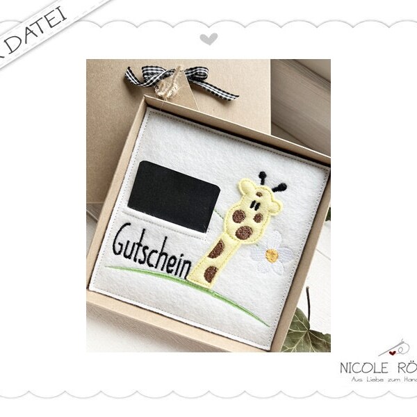 Stickdatei ITH " Gutschein mit Giraffe " 18x13 für Geschenkboxen, Karten, Gutschein, Einladung .... Tierpark, Zoo