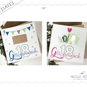 Stickdatei ITH 18x13 - 2er Set zum 18. Geburtstag für Geschenkboxen, Karten, Gutschein, Geldgeschenk... Glückwünsche