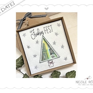 Stickdatei ITH Frohes Fest mit Tannenbaum 18x13cm für Geschenkboxen, Karten, Gutschein, Geldgeschenk... Weihnachten