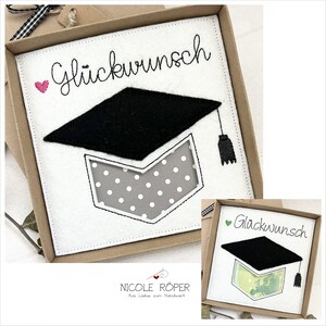 Borduurbestand ITH 18x13 gefeliciteerd met mortarboard voor geschenkdoos, kaarten, geldgeschenken... Abitur, universiteit, vrijgezel, dokter...