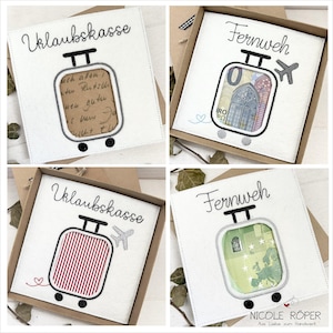 Stickdatei ITH 18x13 Urlaubskasse und Fernweh mit Koffer 4er Set für Geschenkbox, Karten, Geldgeschenke...
