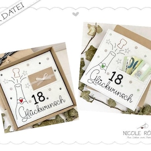 Stickdatei ITH 18x13 - 2er Set zum 18. Geburtstag mit einem Korkenknall für Geschenkboxen, Karten, Gutschein, Geldgeschenk... Glückwünsche