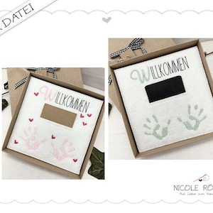 Fichier de broderie ITH lot de 2 - Bienvenue avec les mains de bébé 18x13 pour coffrets cadeaux, cartes, bons, félicitations .... Bébé