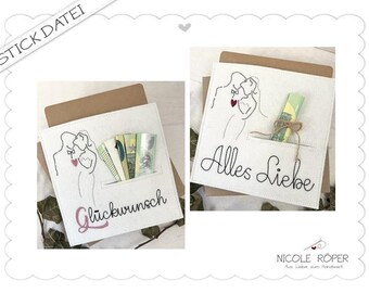 Embroidery file ITH 2-piece set 18x13 For weddings: a bride and groom with a heart for gift boxes, congratulations, wedding cards, money gifts....