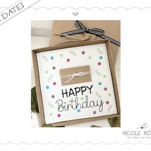 Borduurbestand ITH Happy Birthday met confettiregen 18x13 voor geschenkdozen, kaarten, vouchers, felicitaties ... verjaardagskaart