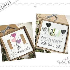 Stickdatei ITH 2er Set 18x13 Herzlichen Glückwunsch mit Ballons aus Herzen für Geschenkboxen, Karten, Gutschein, Geldgeschenk...