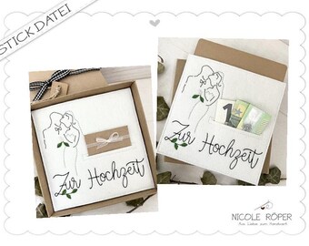 Wedding embroidery design ITH 2-piece set 18x13 - Bride and groom decorated with roses for gift boxes, congratulations, wedding cards, money gifts....
