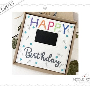 Borduurbestand ITH Happy Birthday Dots 18x13 voor geschenkdozen, kaarten, vouchers, felicitaties ... verjaardagscadeau