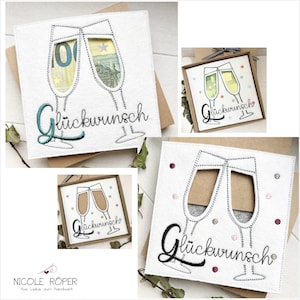 Stickdatei ITH Glückwunsch 2er Set 18x13 - Sektgläser für Geschenkboxen, Karten, Gutschein, Geldgeschenk...